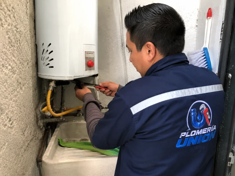 Técnico de Plomería Unión realizando mantenimiento de calentador en CDMX